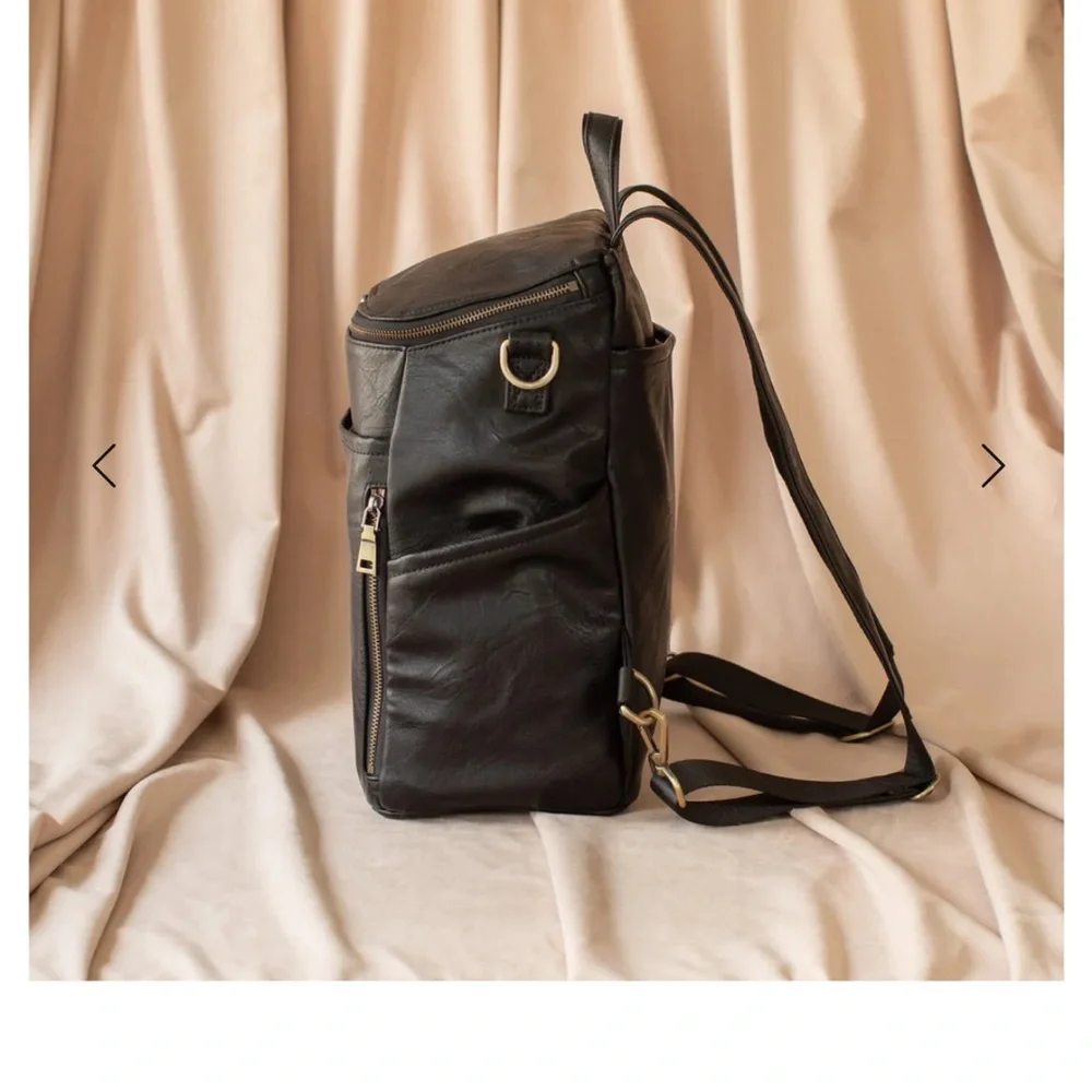 Vegan black leather diaper bag & leopard pouch